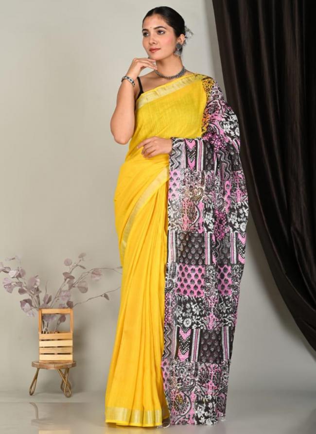 Pure Linen Cotton Yellow Casual Wear Pure Hand Work Saree